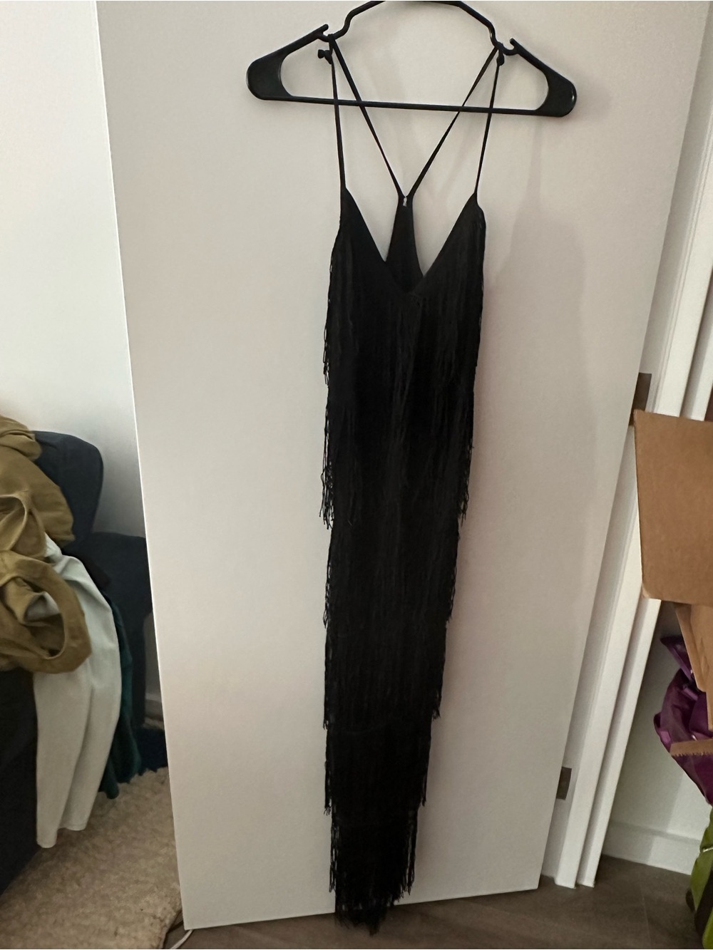 ASOS Black Fringe Slip Dress with Strappy Back Detail